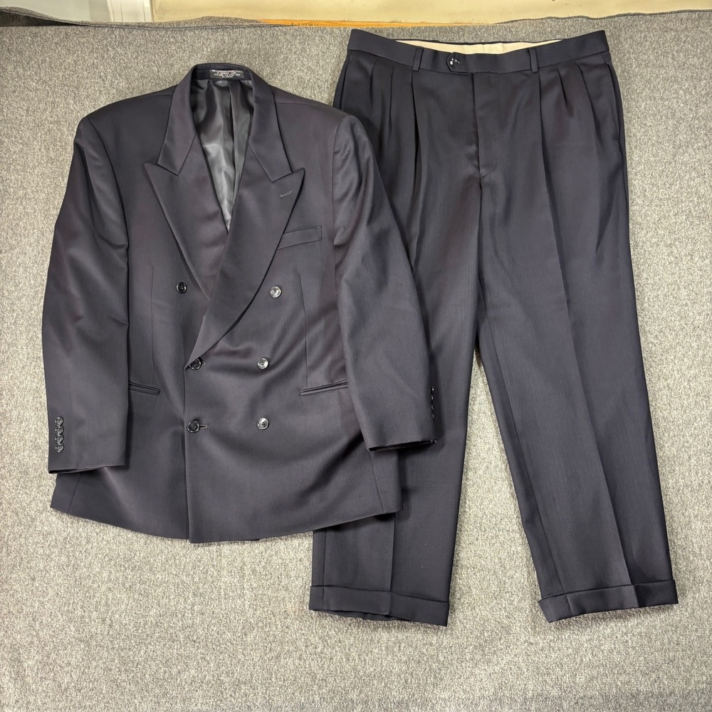 Albert Nipon Lord & Taylor Navy Blue Double Breasted Wool Suit 44R 40X30 Pleated